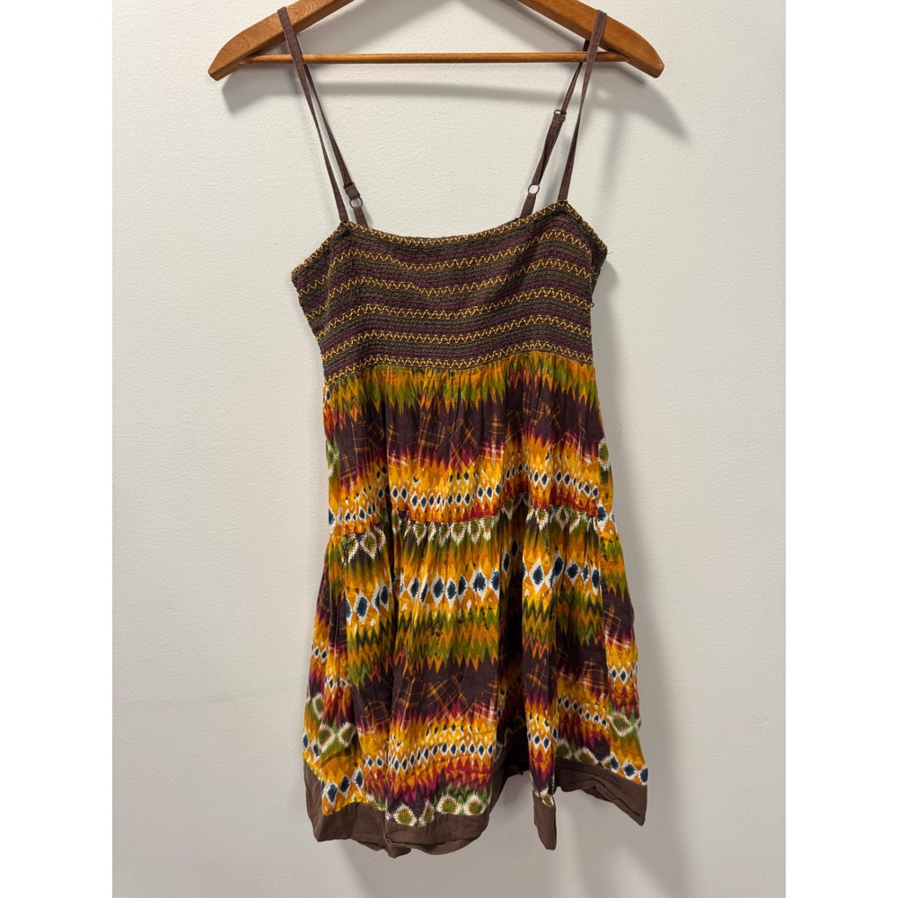 Poetry Clothing Women's Small Boho Ikat Aztec Smocked Mini Dress Cotton